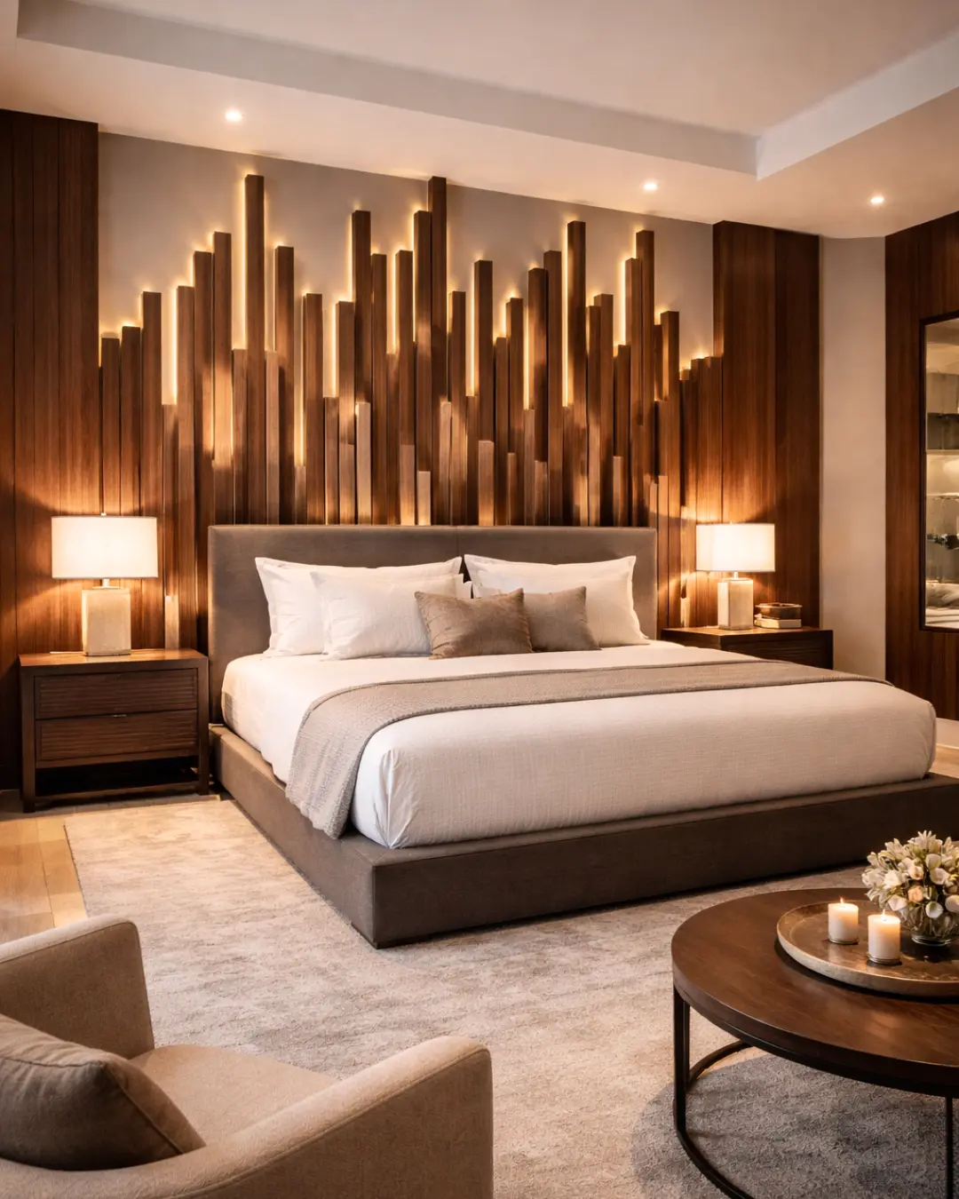 Luxurious interior with circular mirror and curved sofa