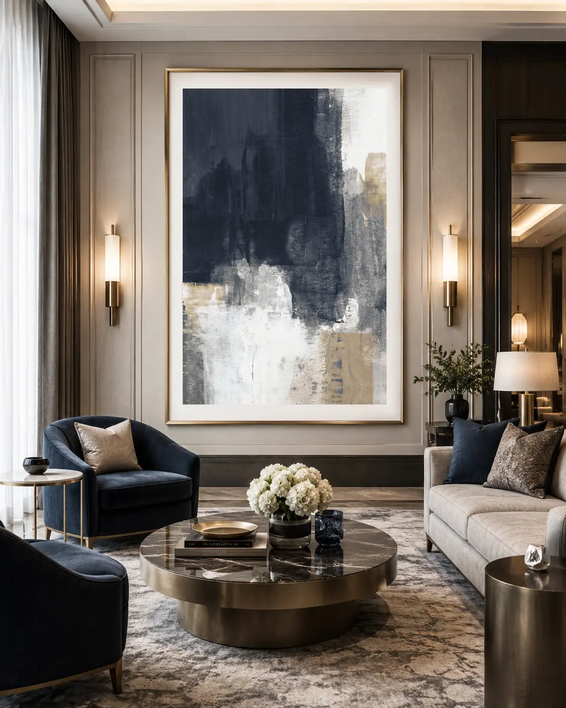 Large scale blue and beige abstract canvas art