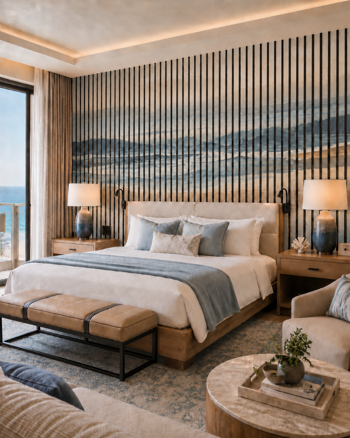 Coastal scene printed acoustic wood panels.