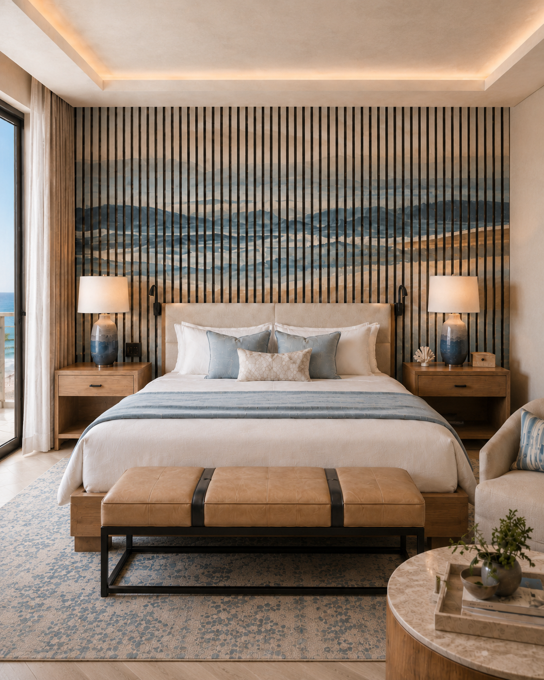 Coastal scene printed acoustic wood panels.