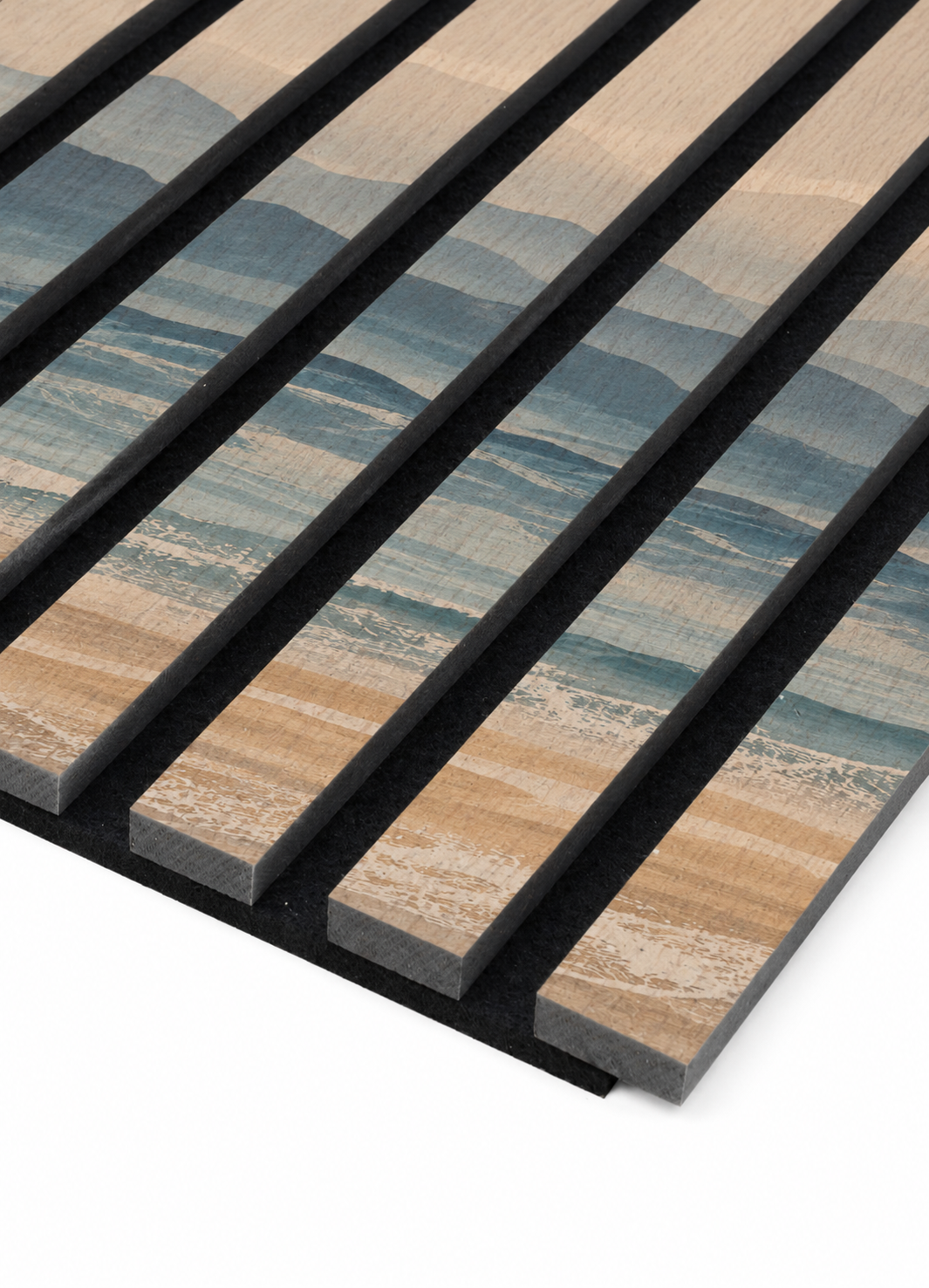 Coastal scene printed acoustic wood panels.