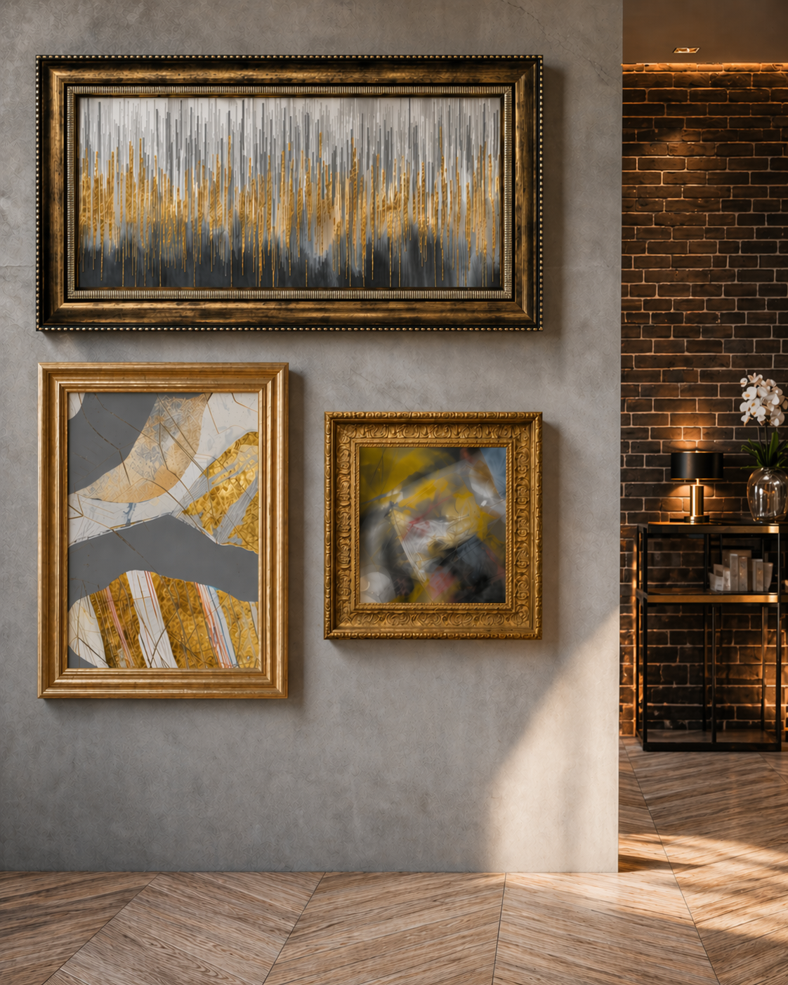 Three ornate gold-framed abstract paintings.