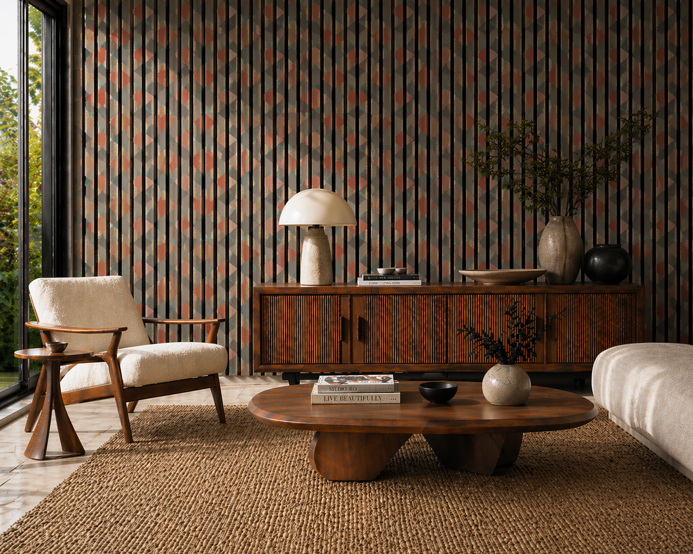 Geometric pattern acoustic wall slats.