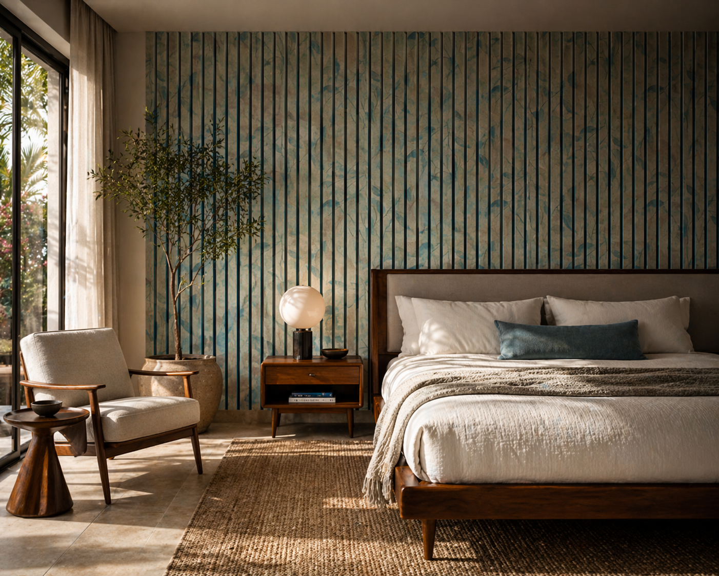 Leaf print acoustic slatted panels.