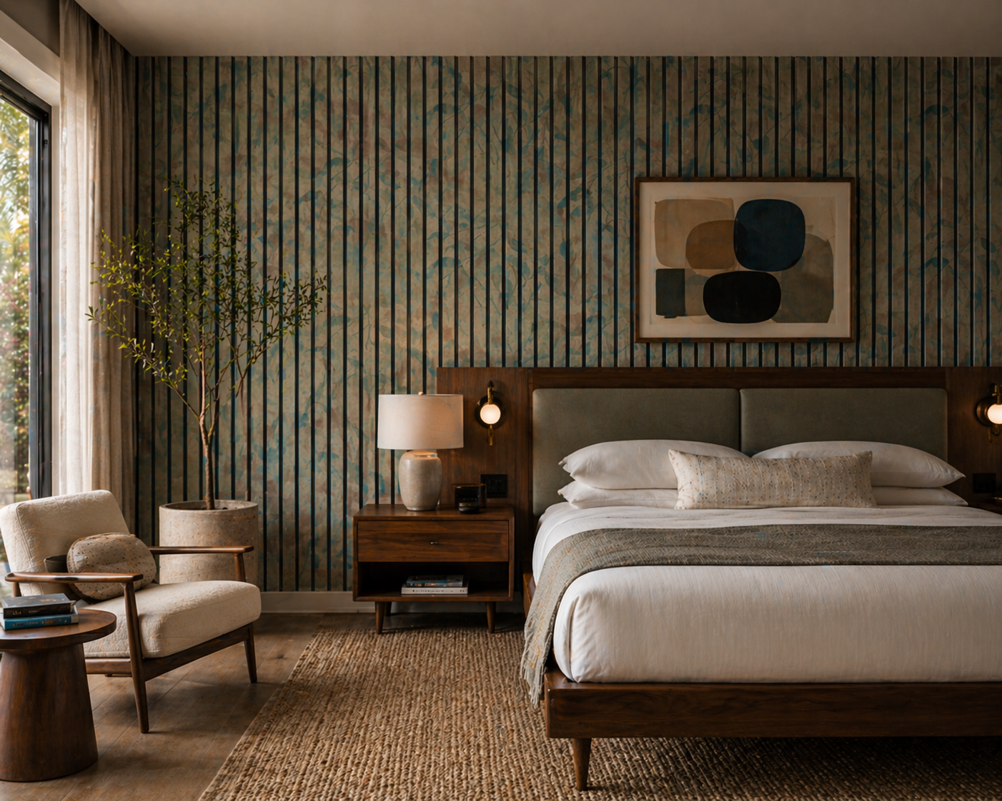 Leaf print acoustic slatted panels.