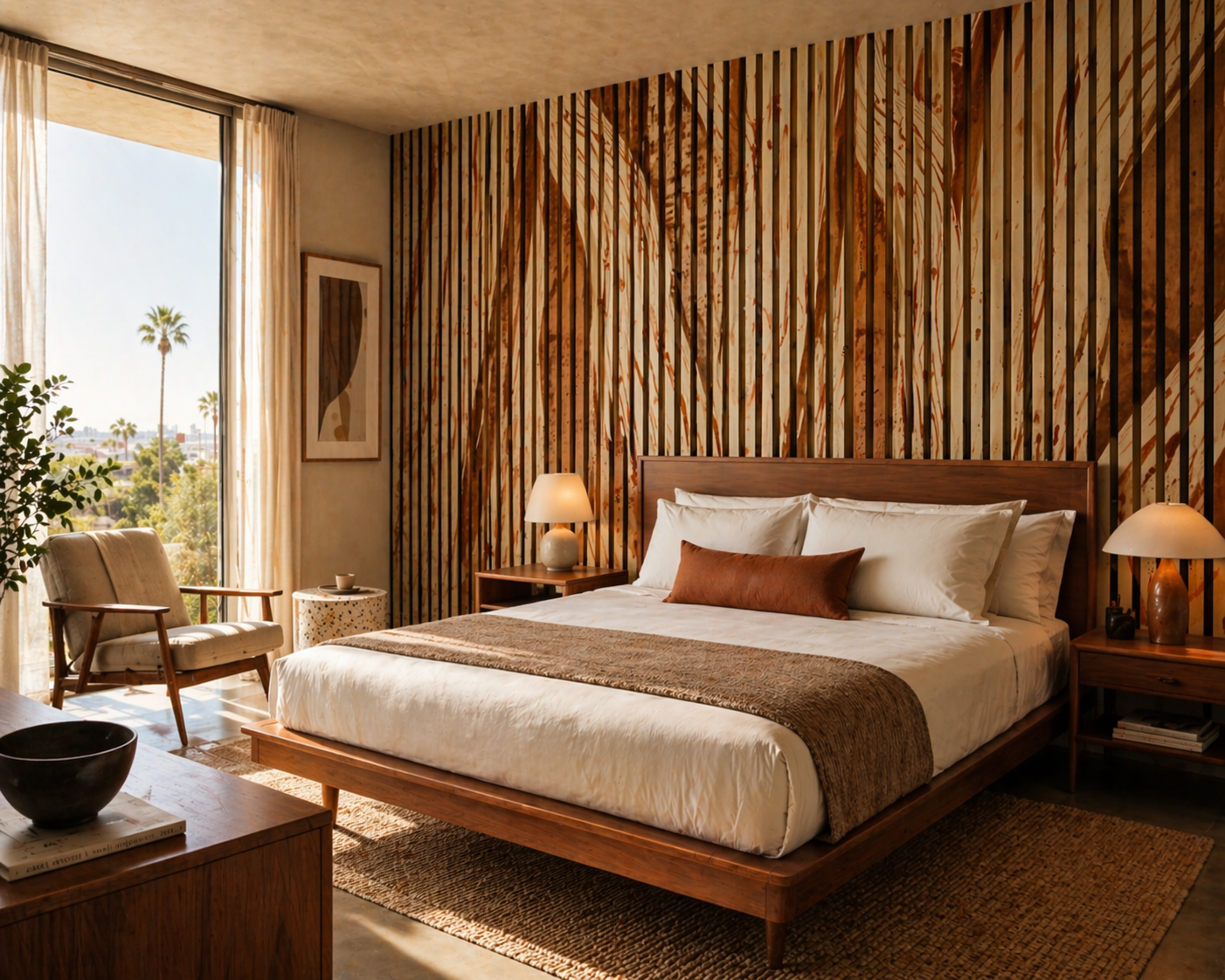 Slatted wall with rustic wood grain print.