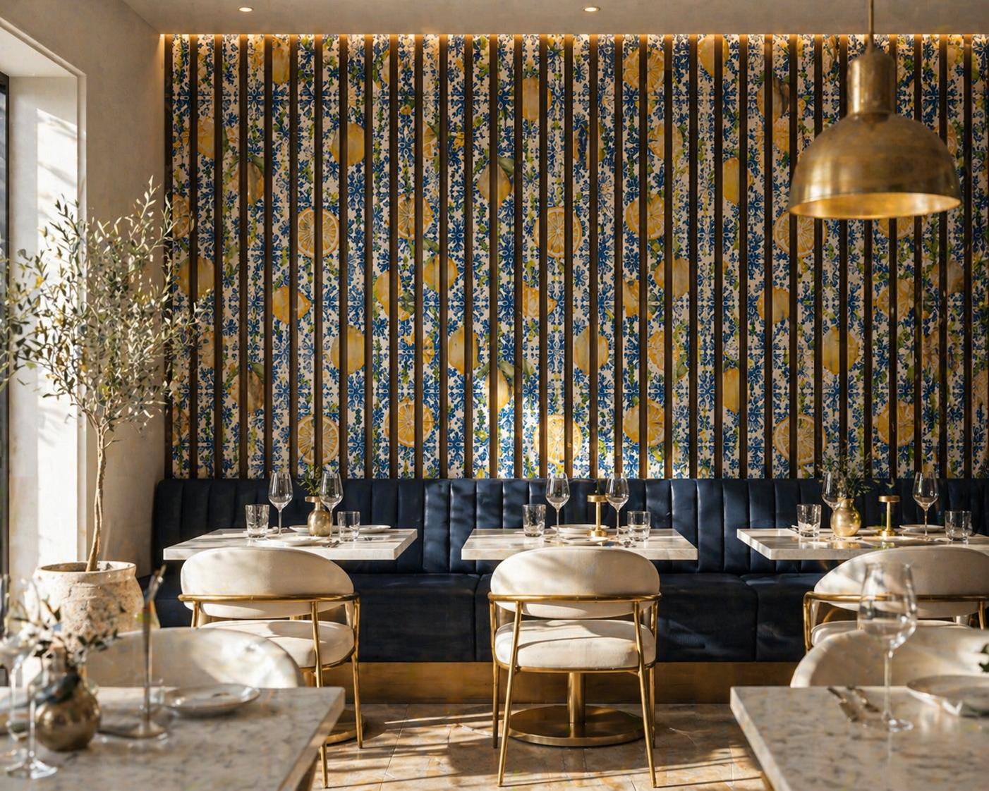 Lemon and tile pattern printed acoustic slats.