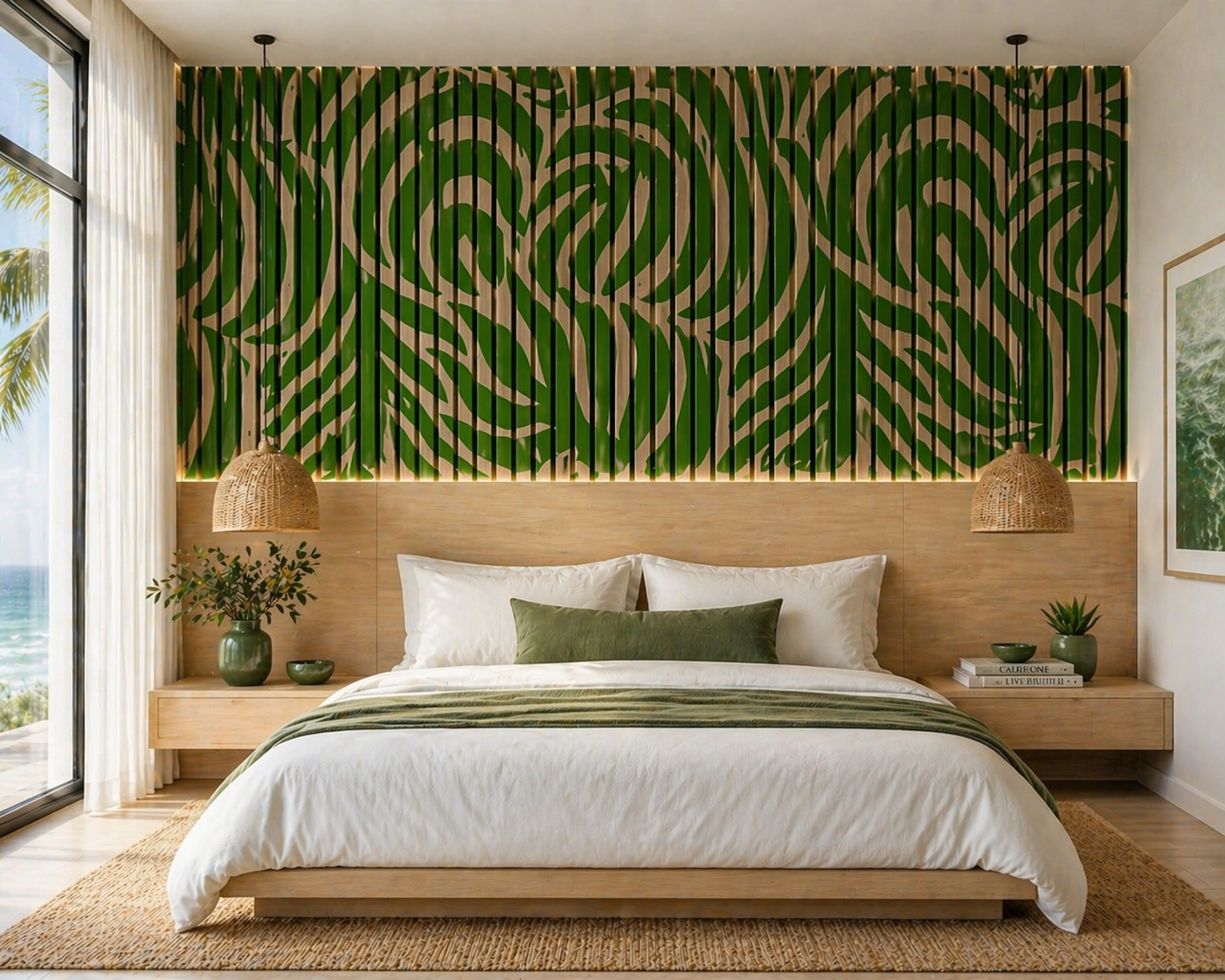 Acoustic panels with a bold green palm print.