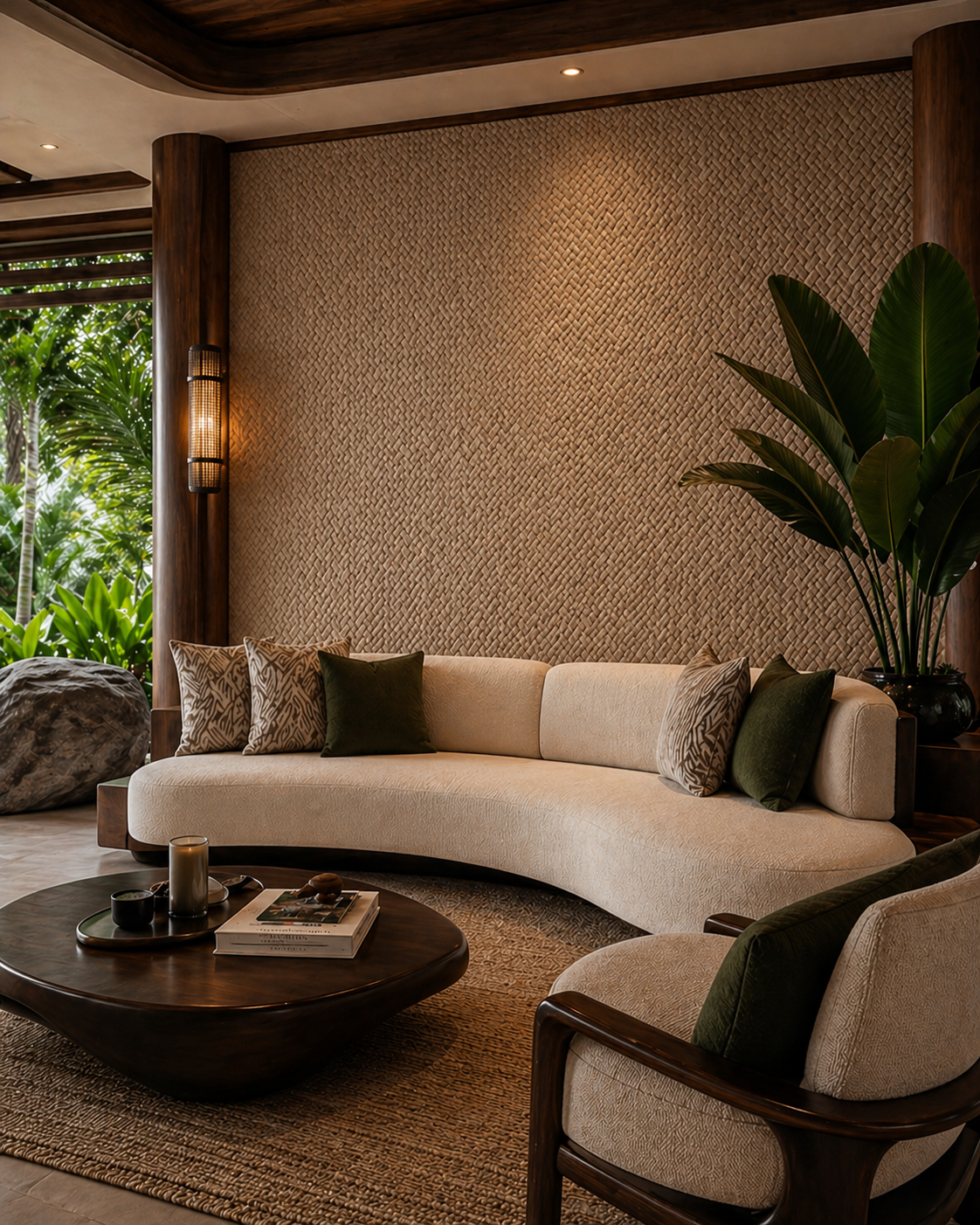 Curved cream sofa and a textured woven wall.
