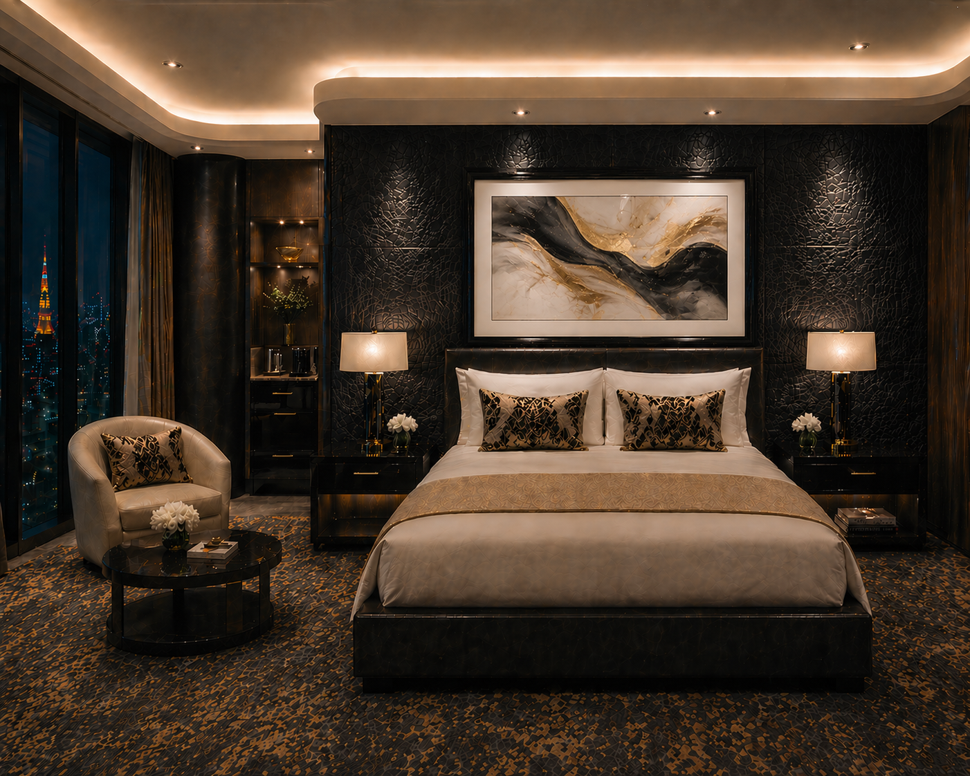 Dark textured feature wall behind a bed.