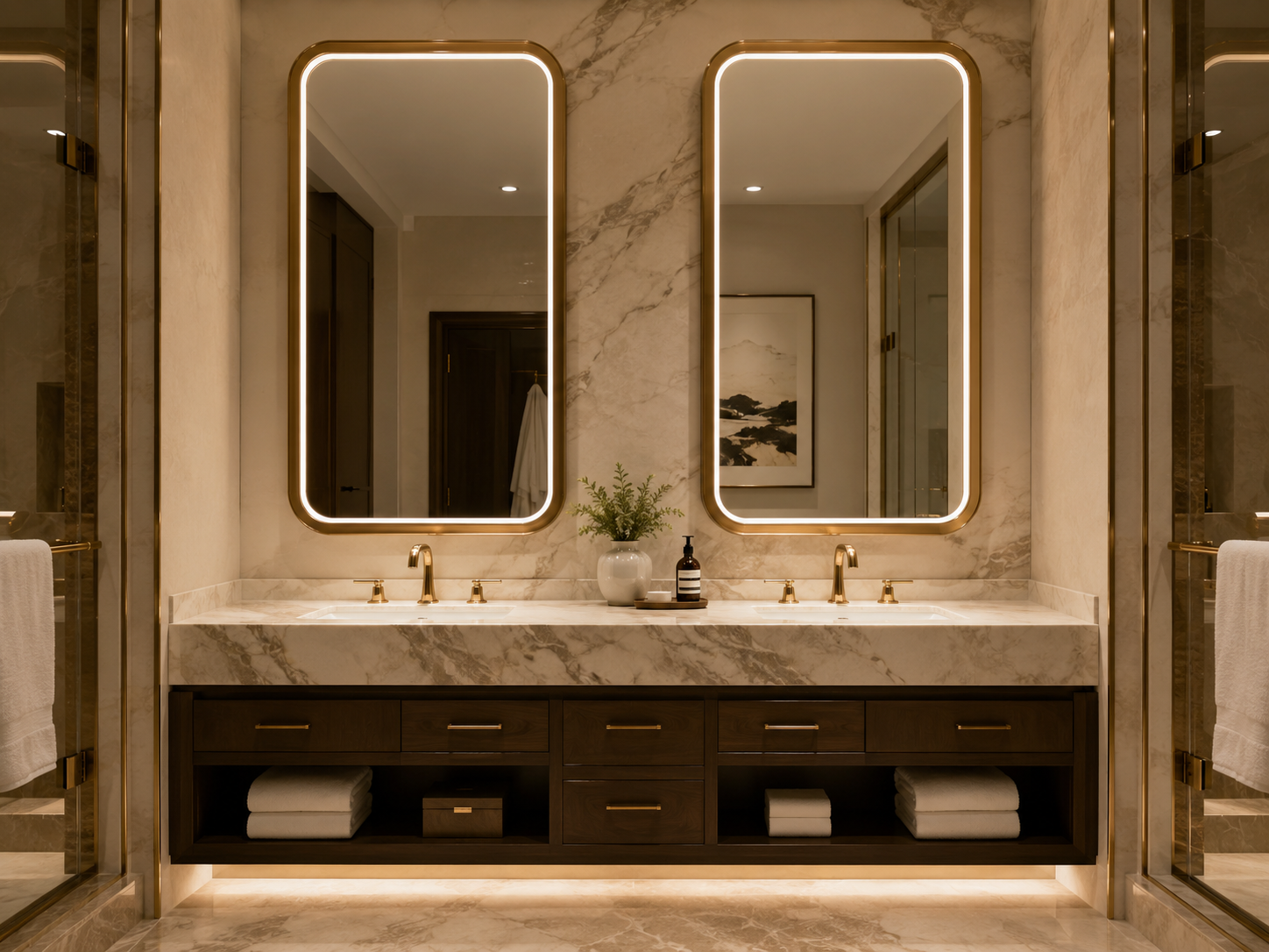 Twin gold-trimmed rectangular backlit mirrors.