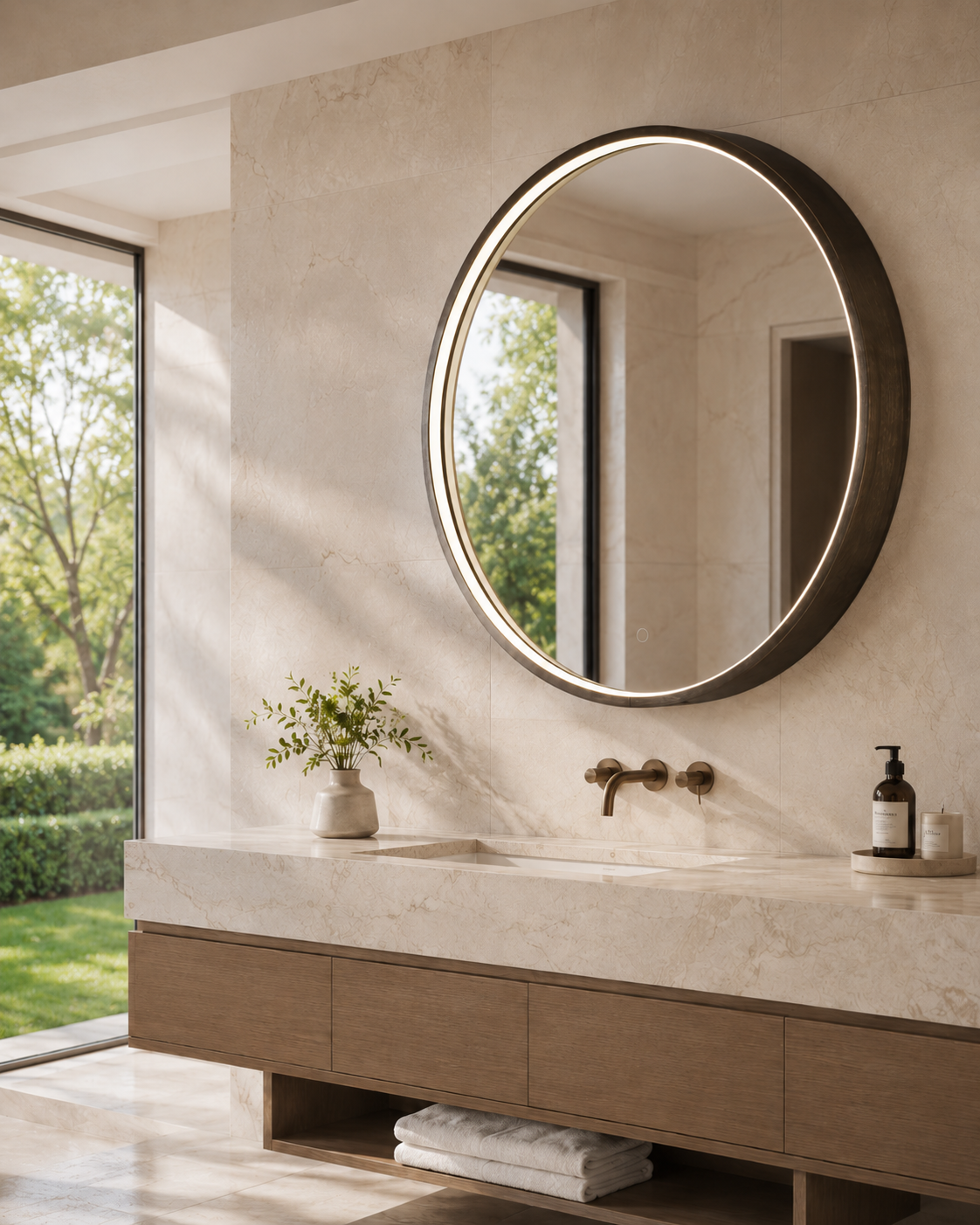 Large round mirror with integrated LED