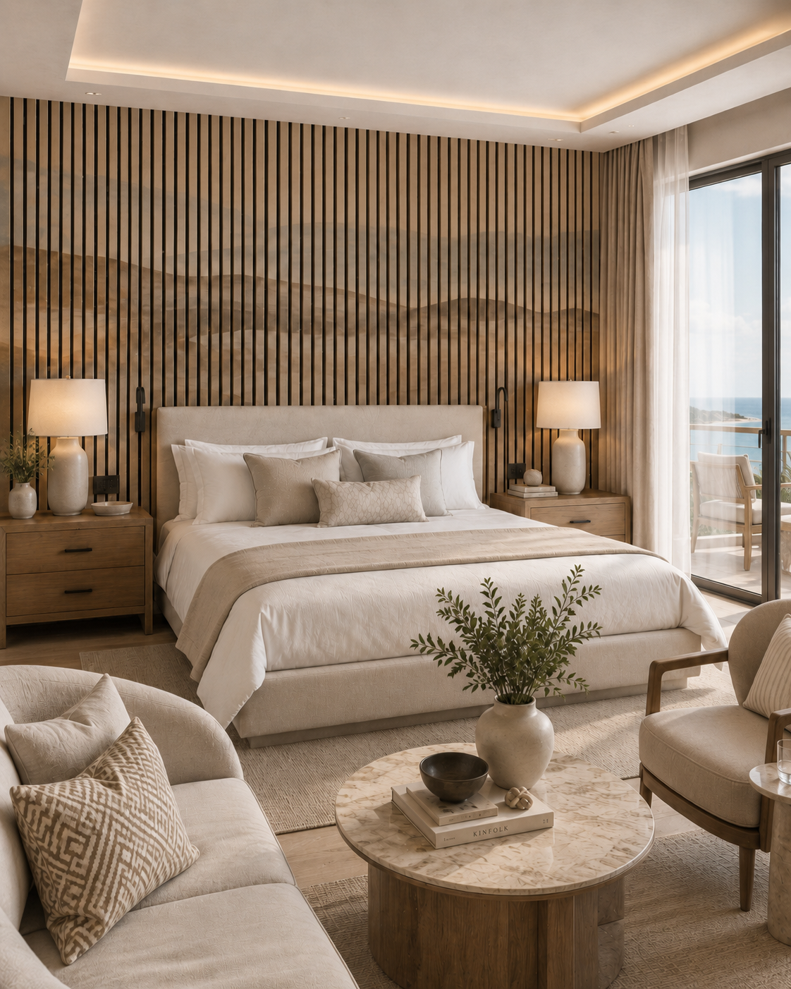 Wave pattern printed acoustic wood slats.