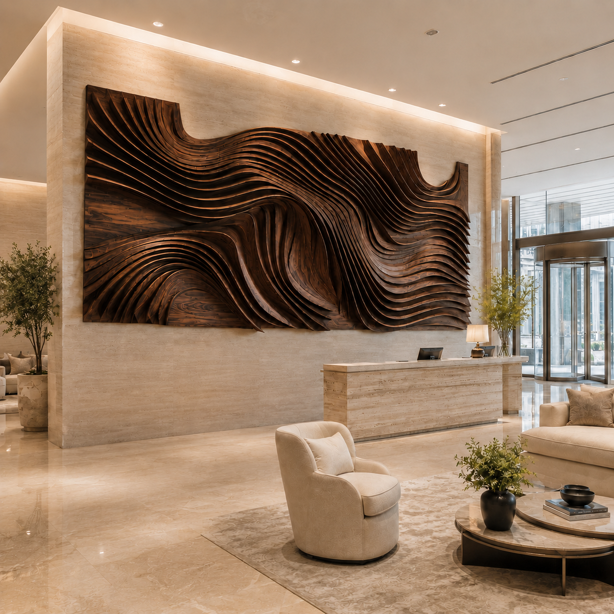 Large flowing wave carved wood wall sculpture.