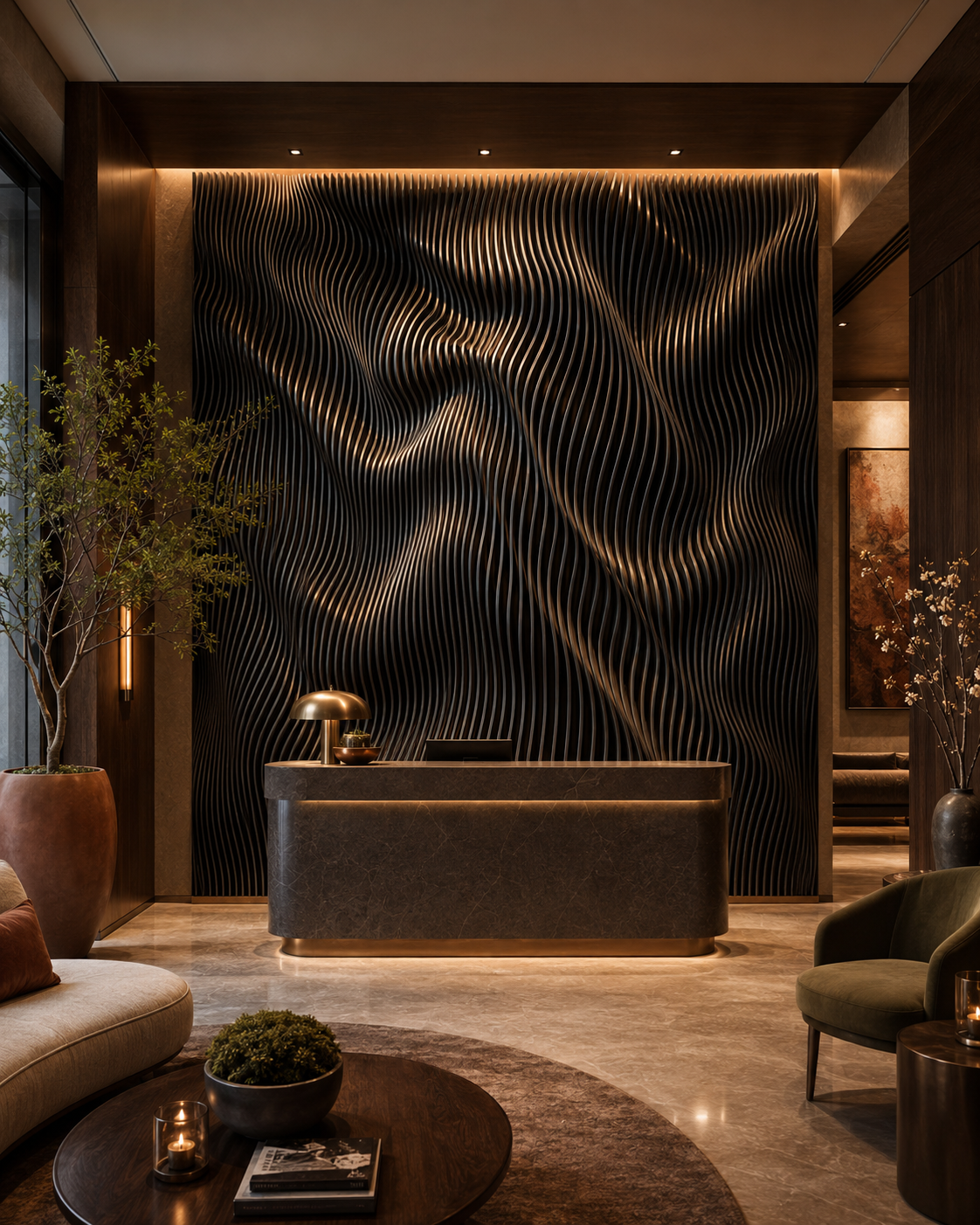 Dark fluid wave fluted feature wall panel.