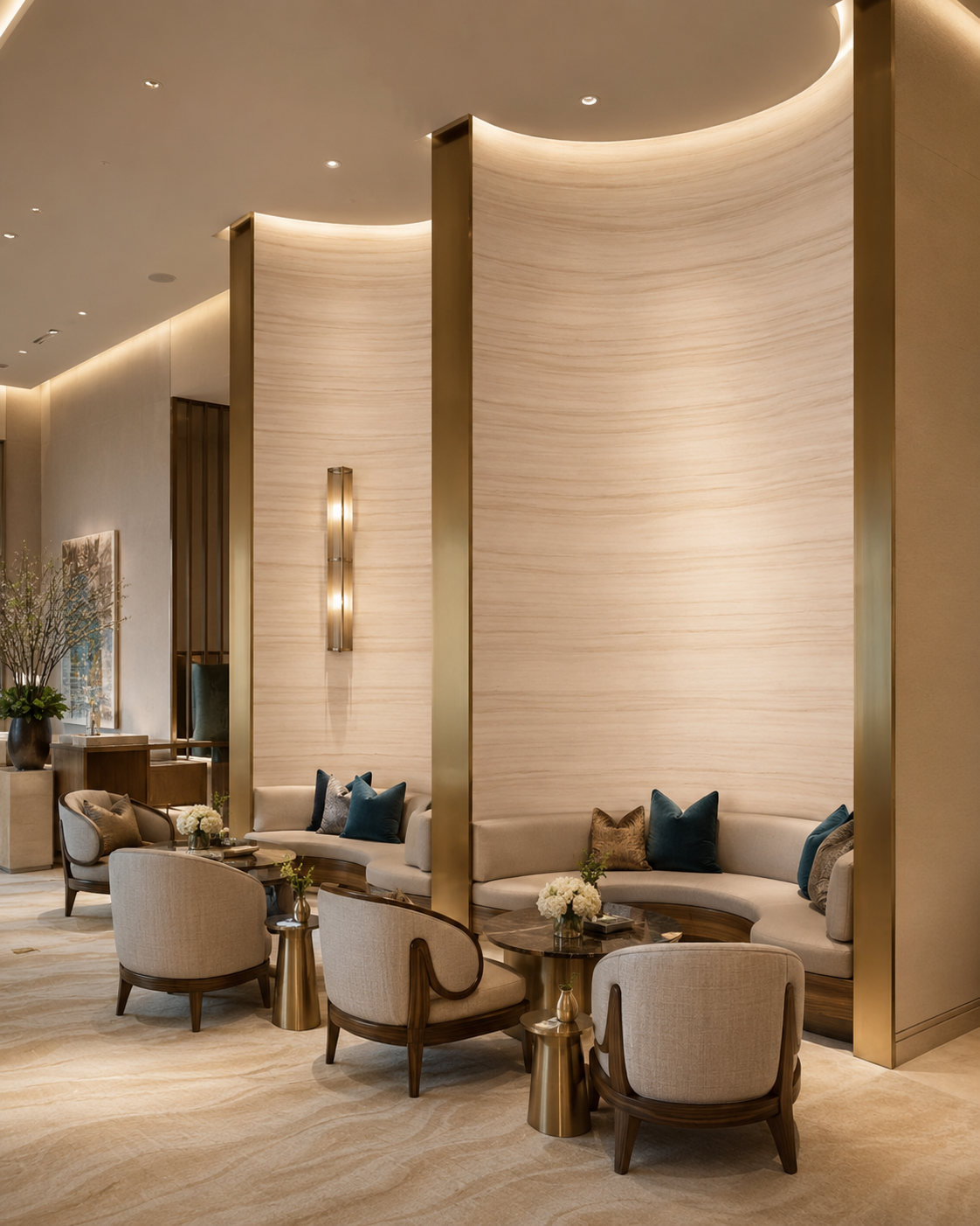 Curved beige marble wall alcoves.