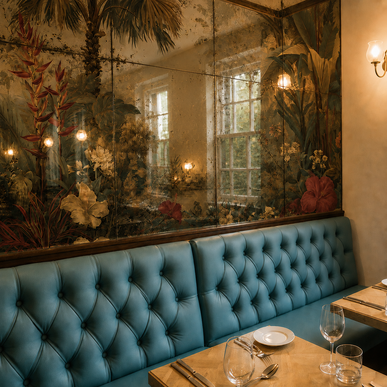 Teal tufted booth by a jungle mural mirror.