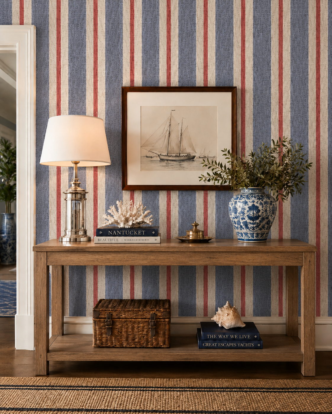 Red, white, and blue vertical striped wallpaper.