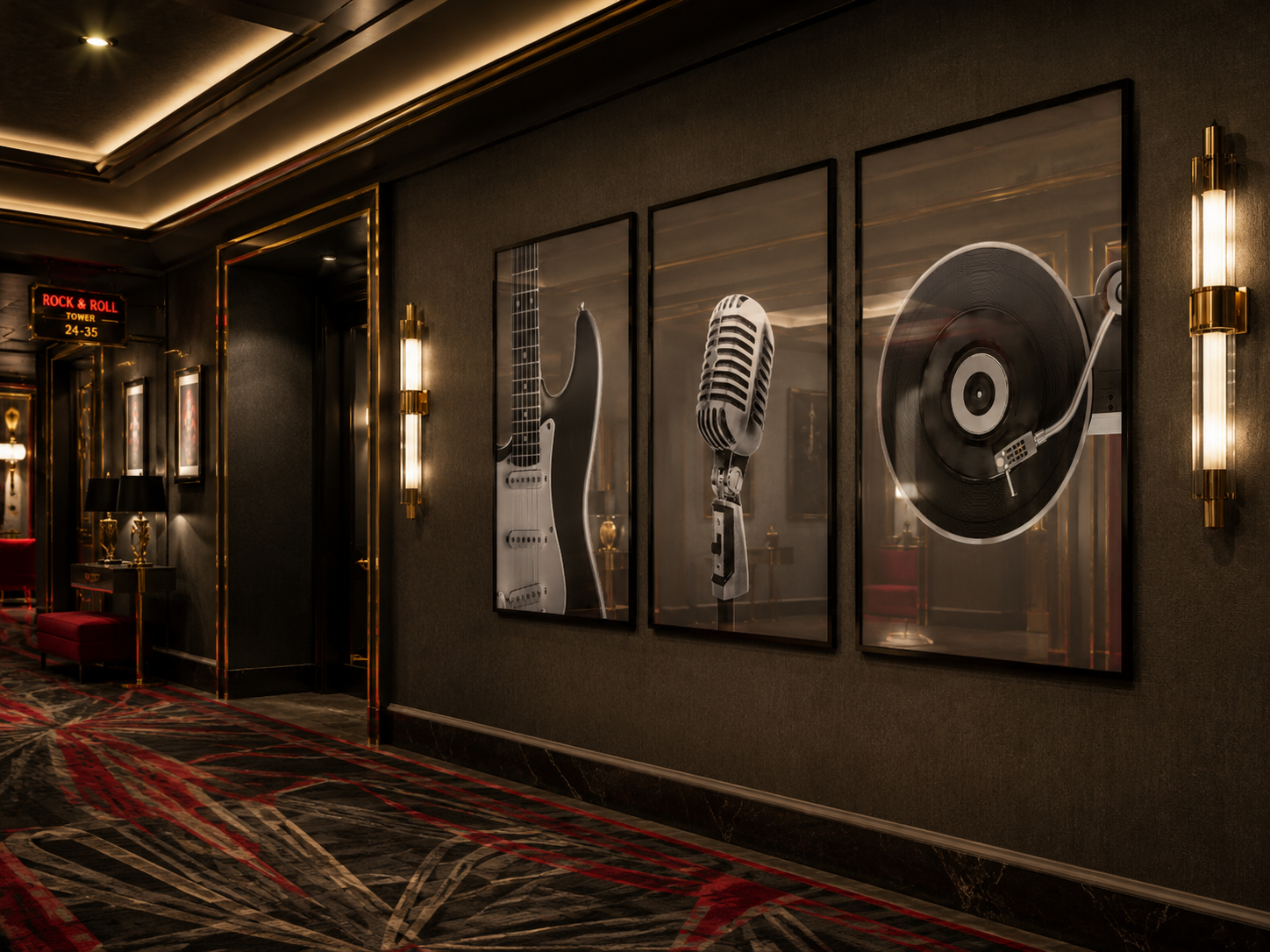 Moody hotel hallway
