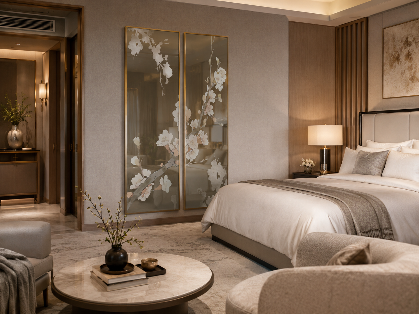 Bedroom with a cherry blossom mirror