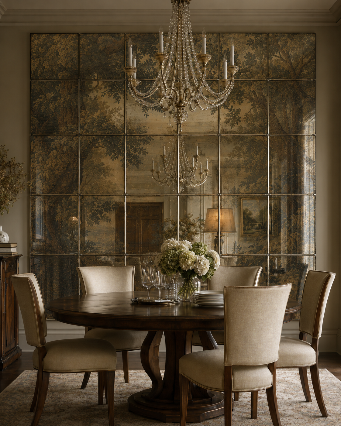 Dining set and gridded mirror wall.