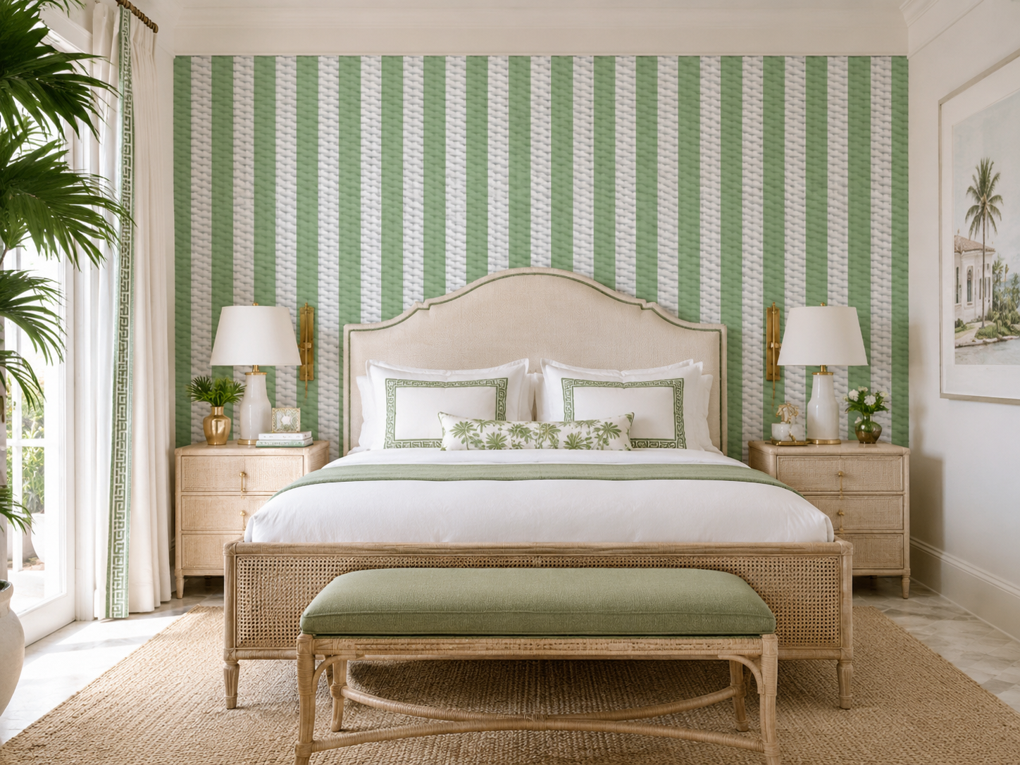 Green and white striped textured wallpaper.