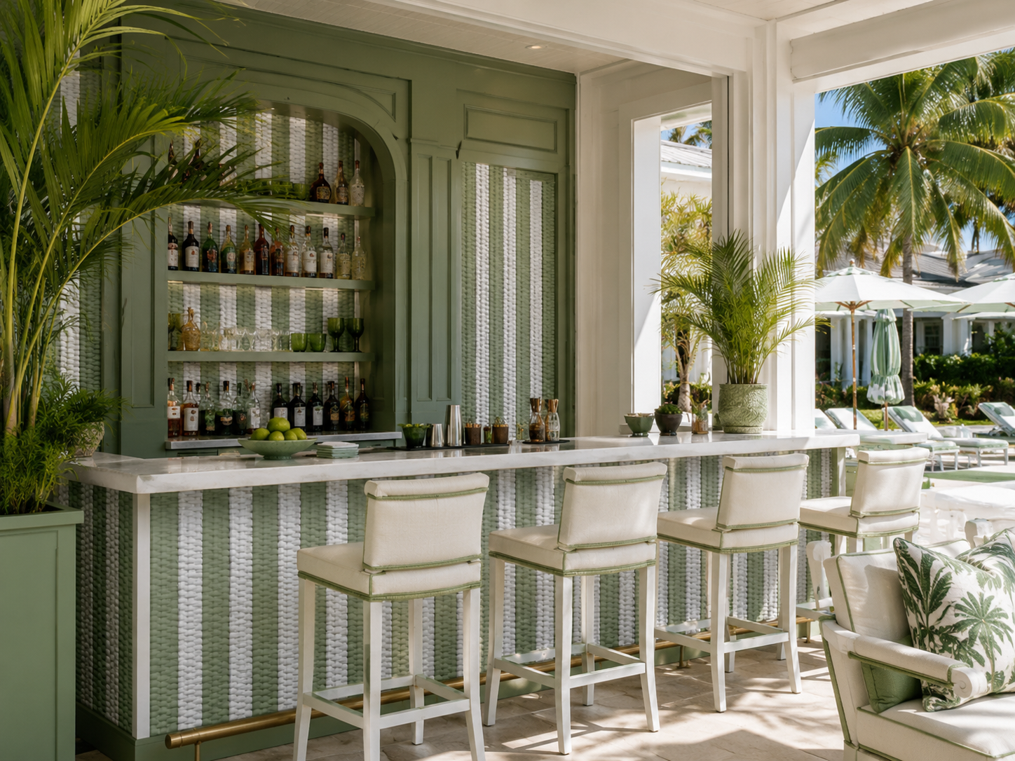 Green and white striped weave and white barstools