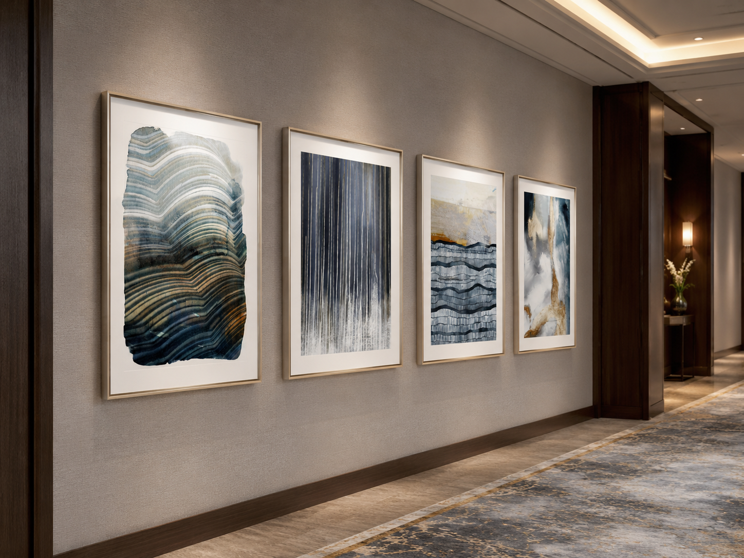 Four framed abstract paintings.
