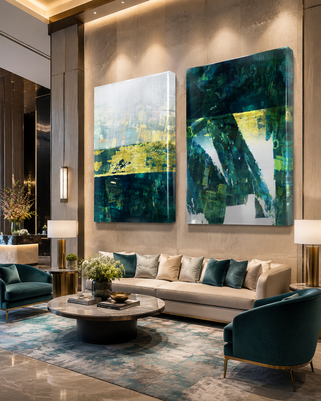 Abstract canvases with green and yellow accents.
