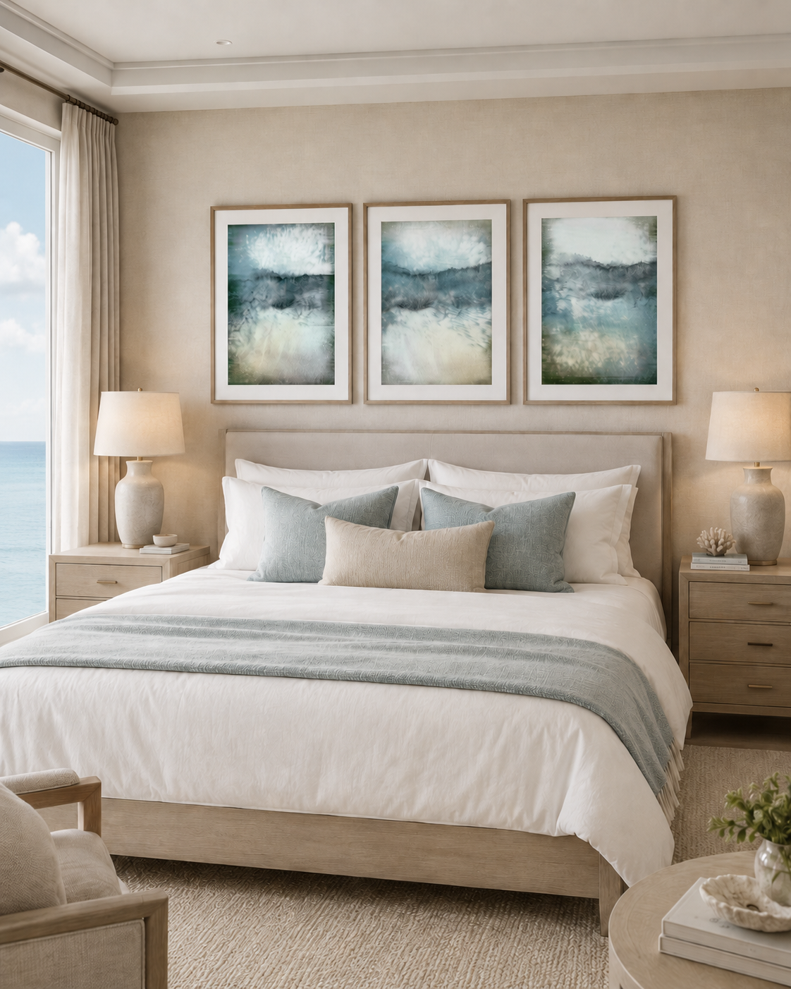 Three framed triptych coastal paintings. 
