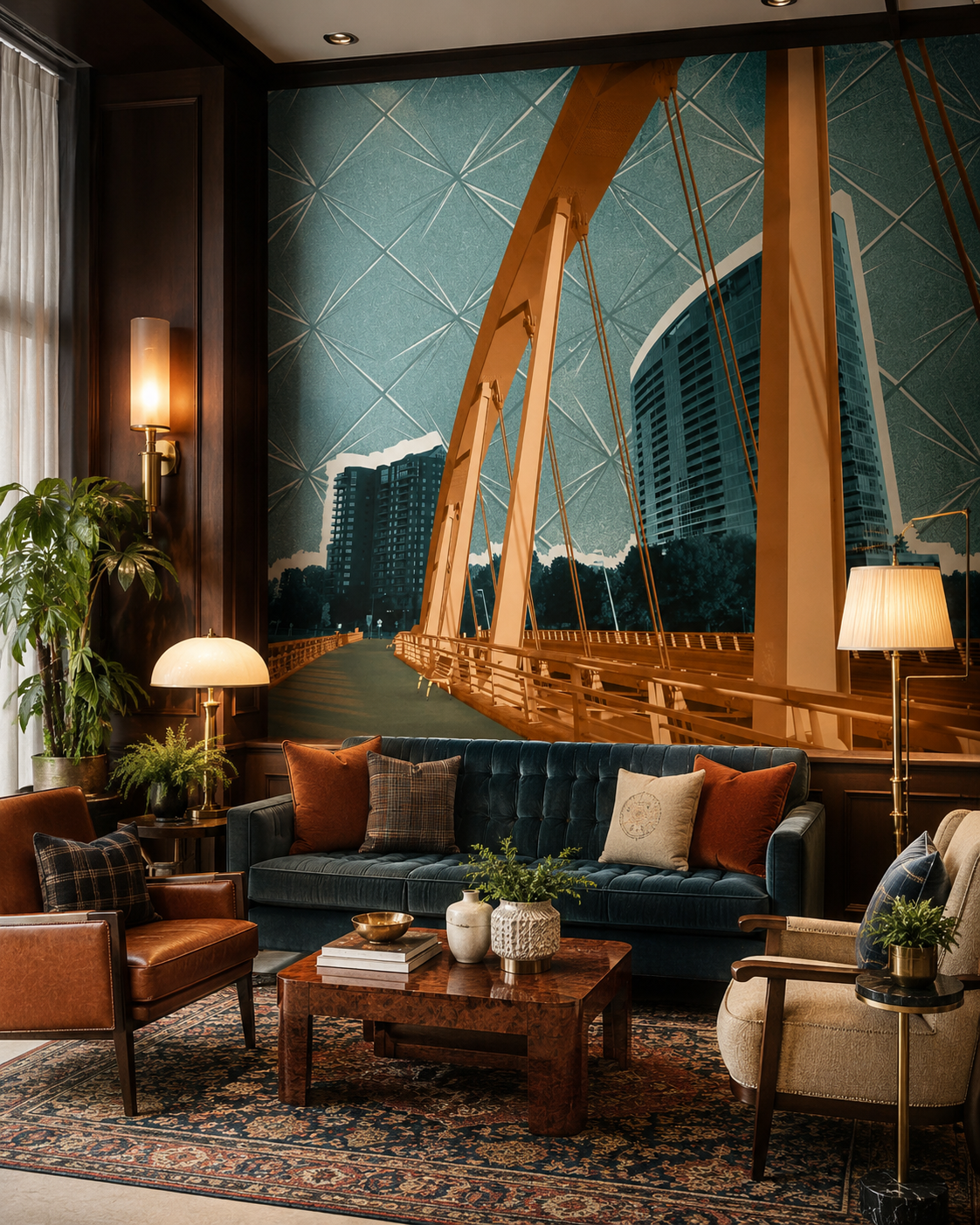 Large industrial bridge mural in a living room.