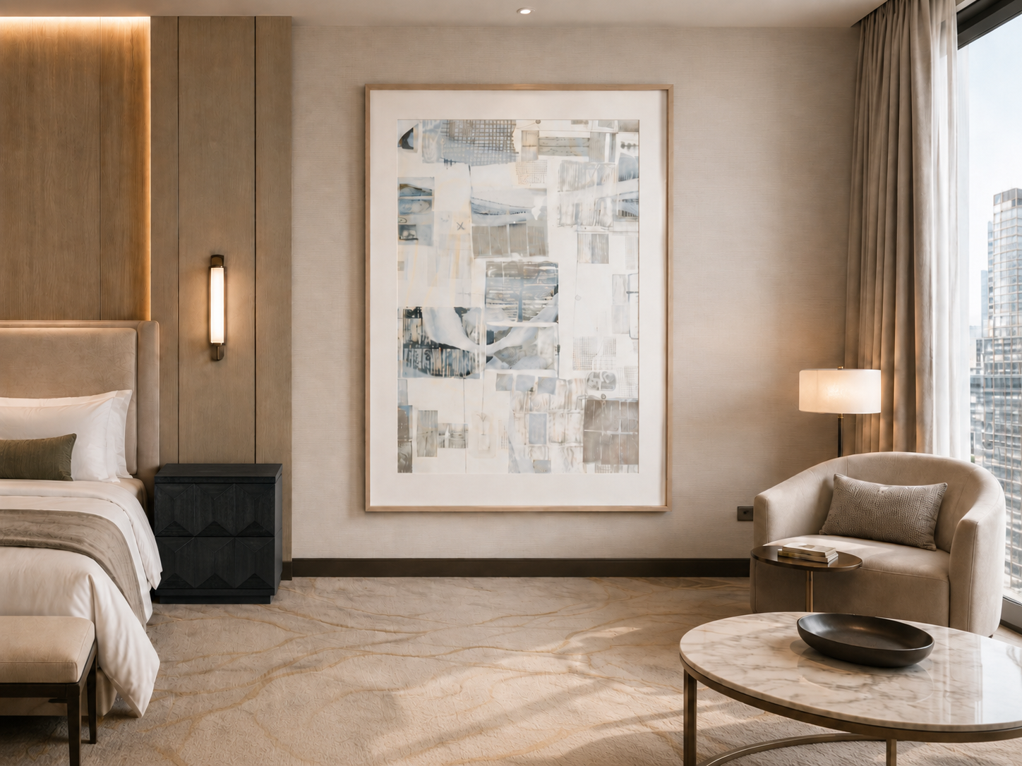 Neutral-toned abstract framed painting.