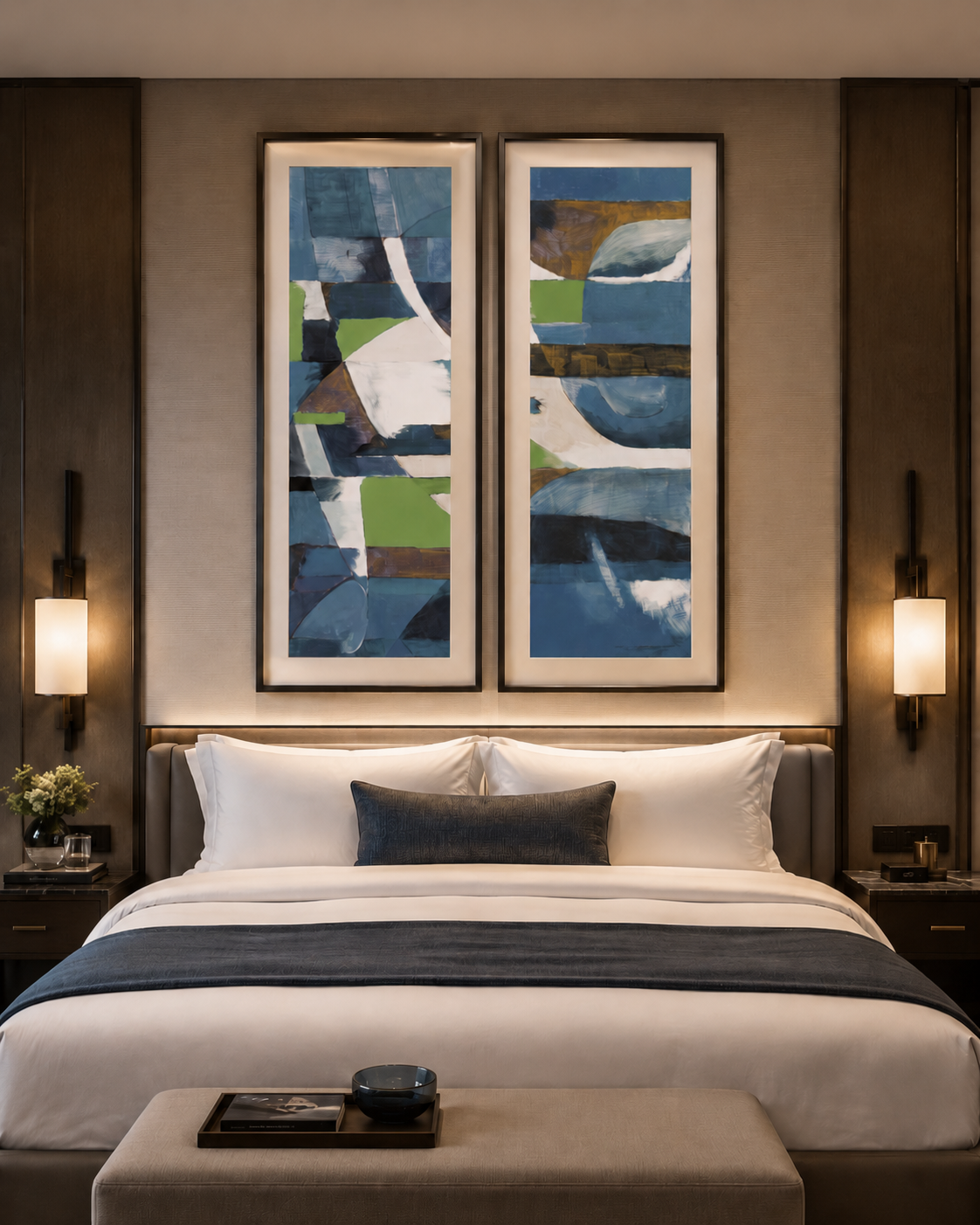Blue and green abstract framed prints.