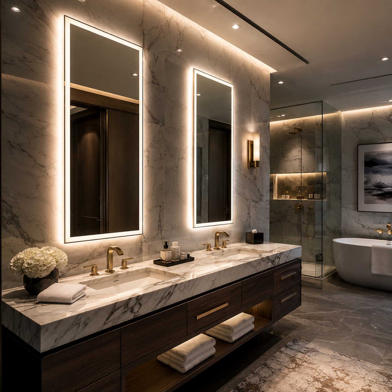 Two tall rectangular backlit mirrors