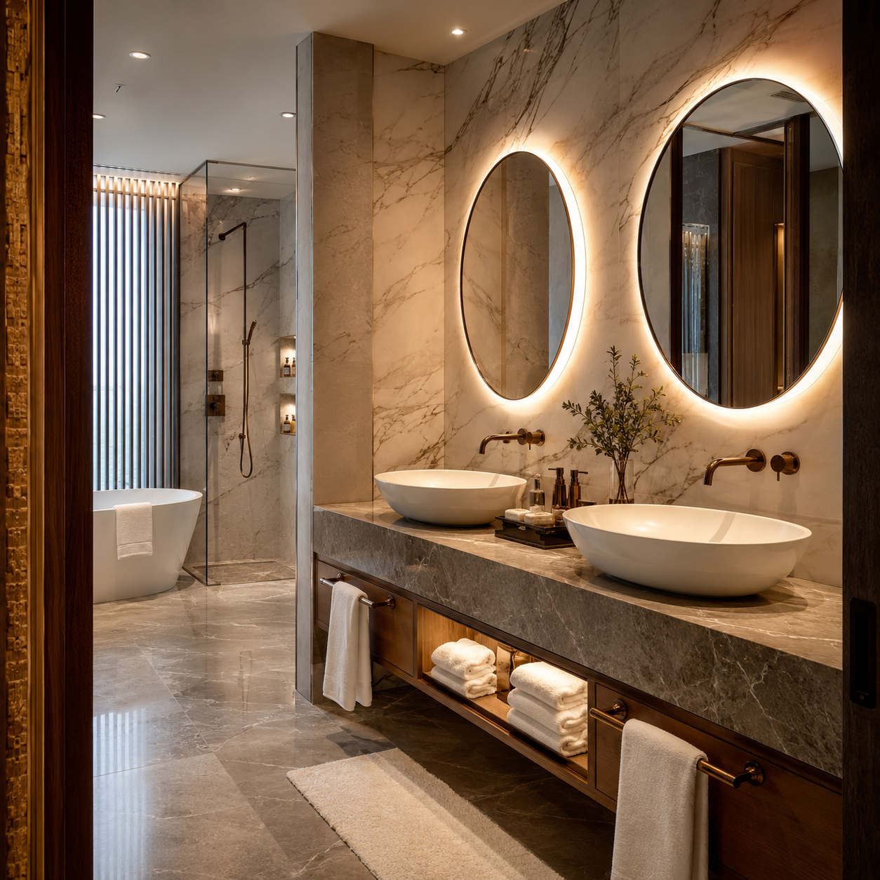 Luxury marble bathroom with twin backlit mirrors.