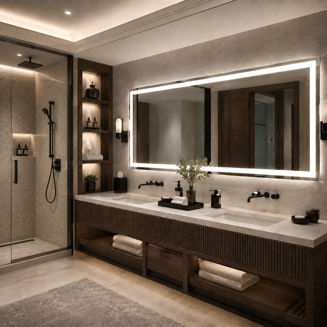 Large rectangular LED-backlit mirror.
