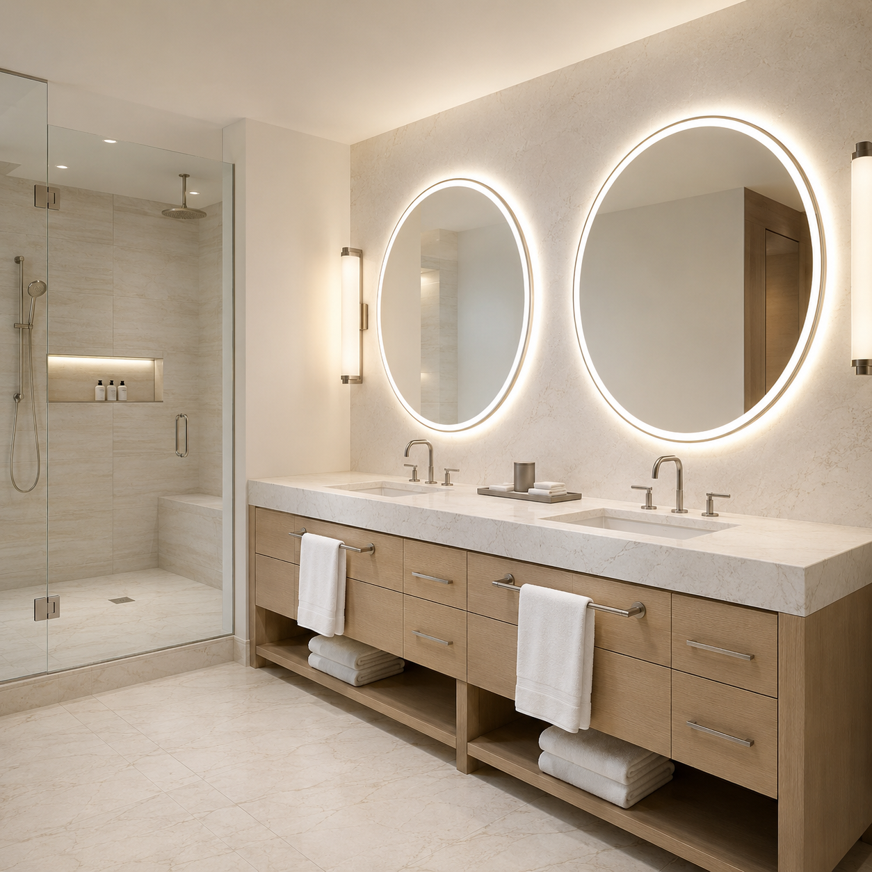 Double vanity and two glowing oval mirrors.