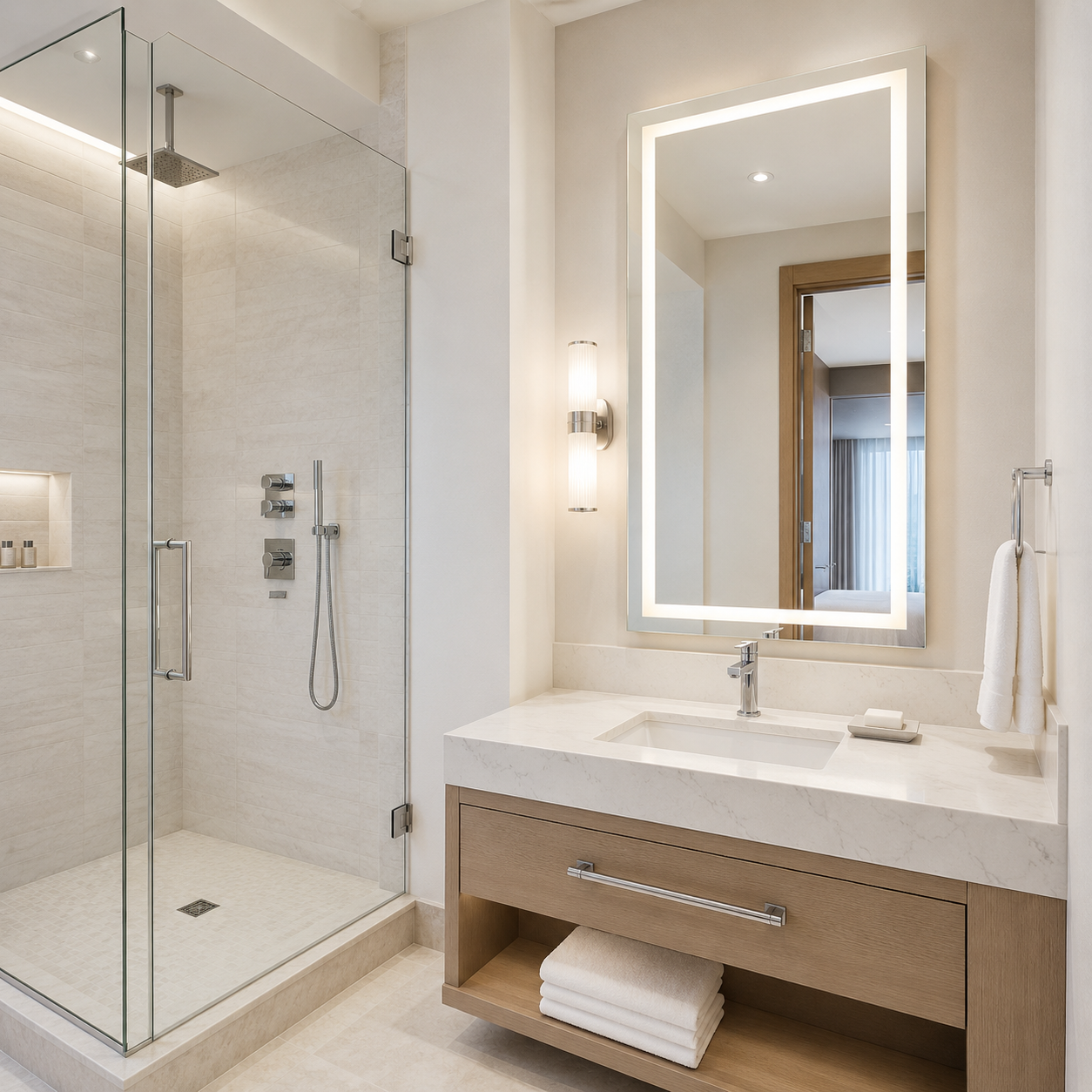 Single backlit rectangular mirror.
