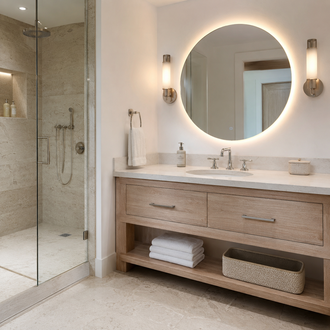 A round backlit mirror, and a glass shower.