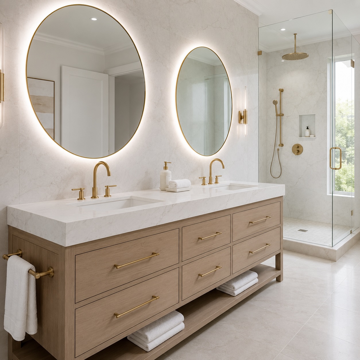 Two round backlit mirrors.