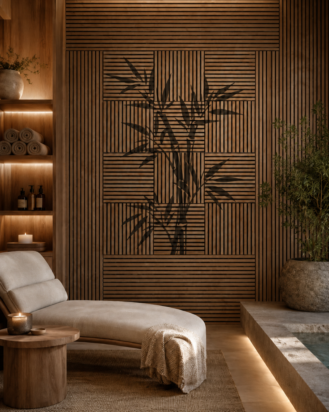 Acoustic wood slats with a printed bamboo design.