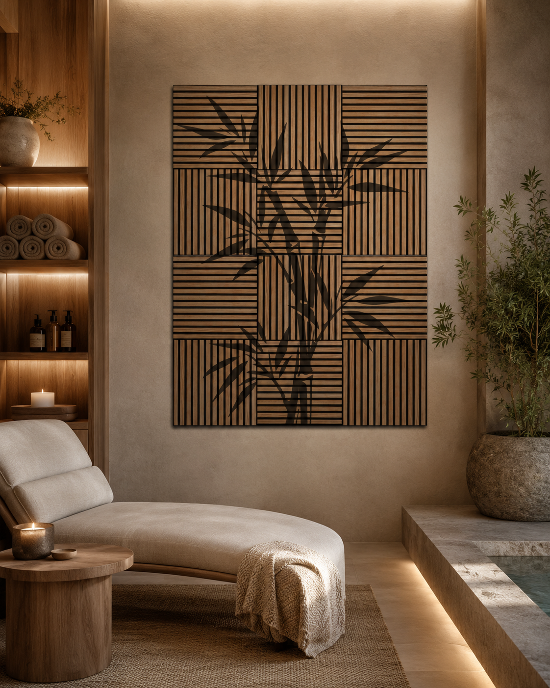 Acoustic wood slats with a printed bamboo design.