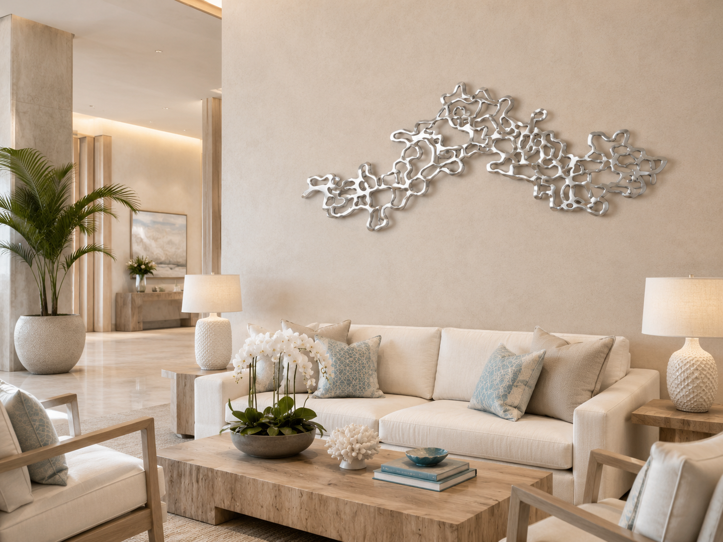 Silver organic abstract metal wall art piece.