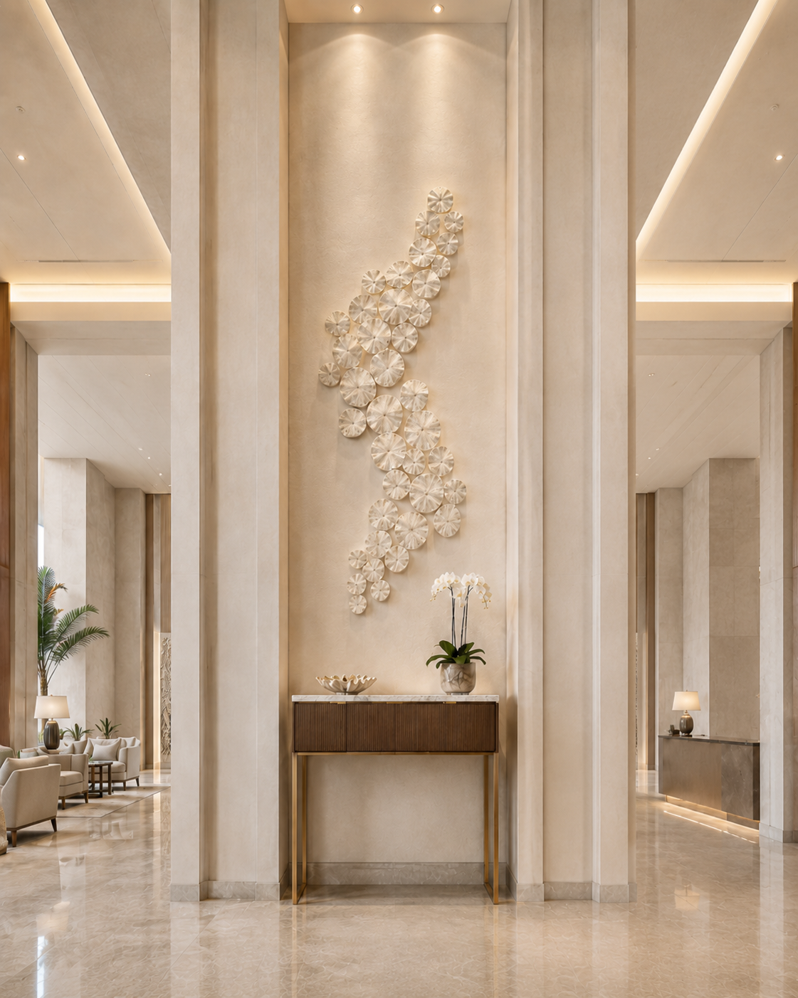 Vertical cascading white shell-like wall sculpture.