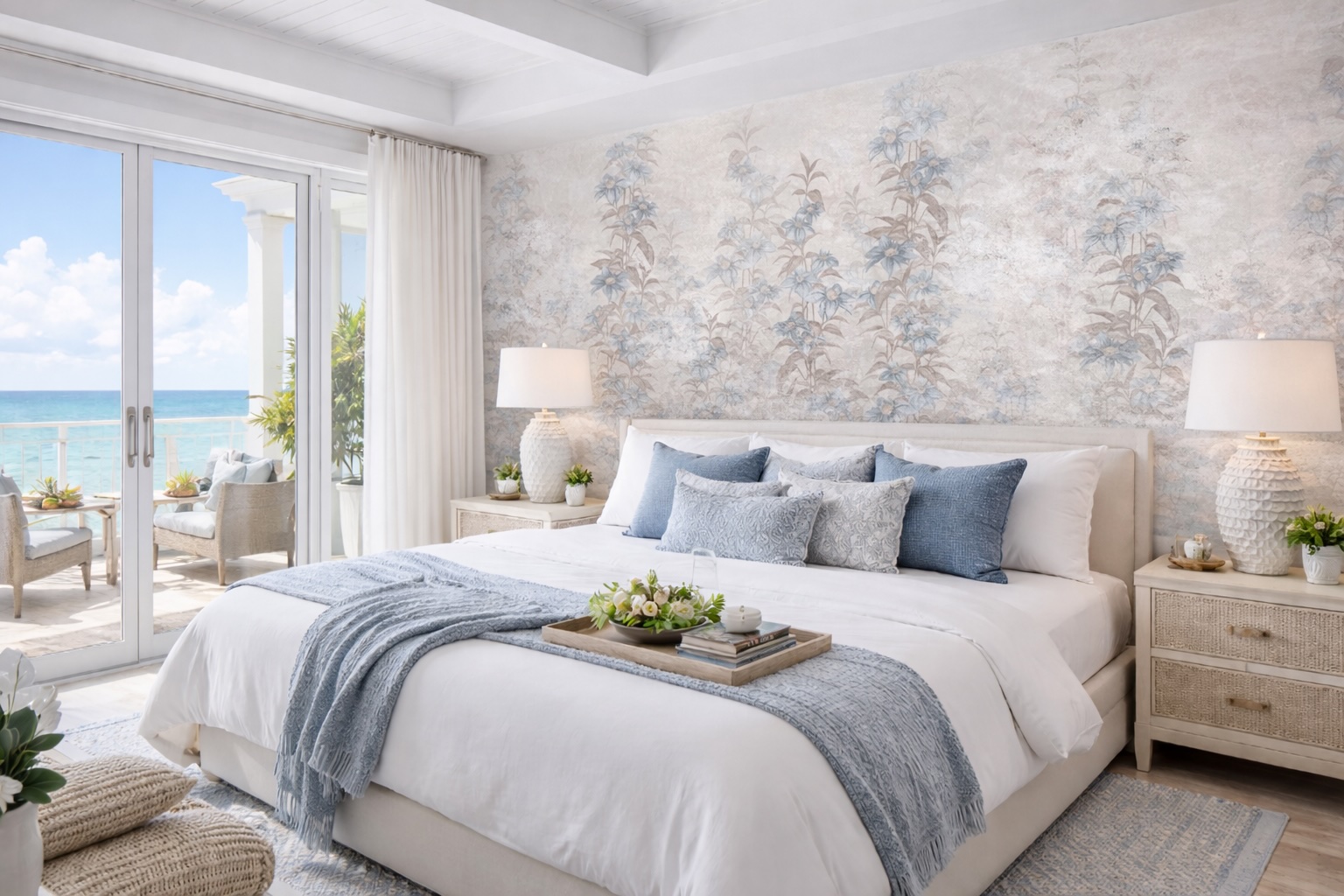 Soft muted floral wallpaper accent wall.