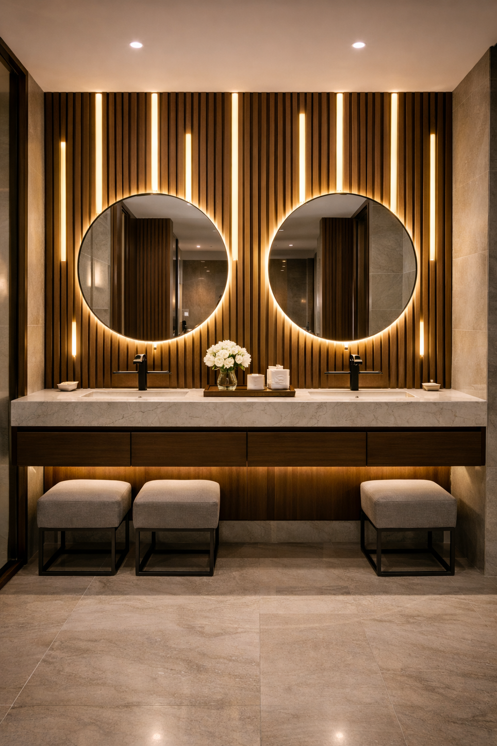 Wood slatted wall panels with integrated vertical LED lights.