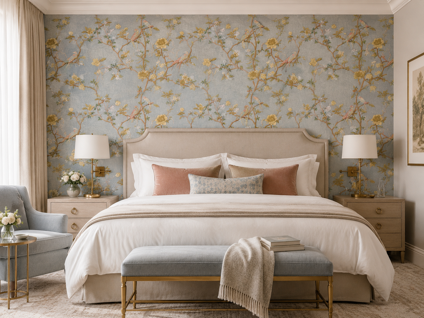 Chinoiserie bird and flower fabric wall covering.