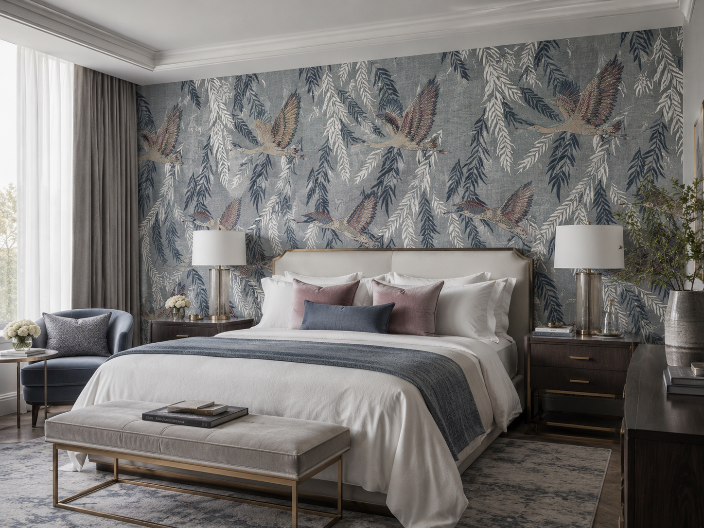 Textured wall covering with flying crane pattern.