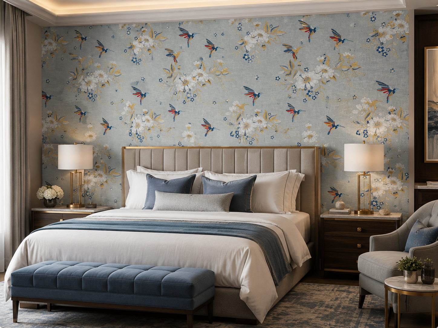 Hummingbird and floral print fabric feature wall.