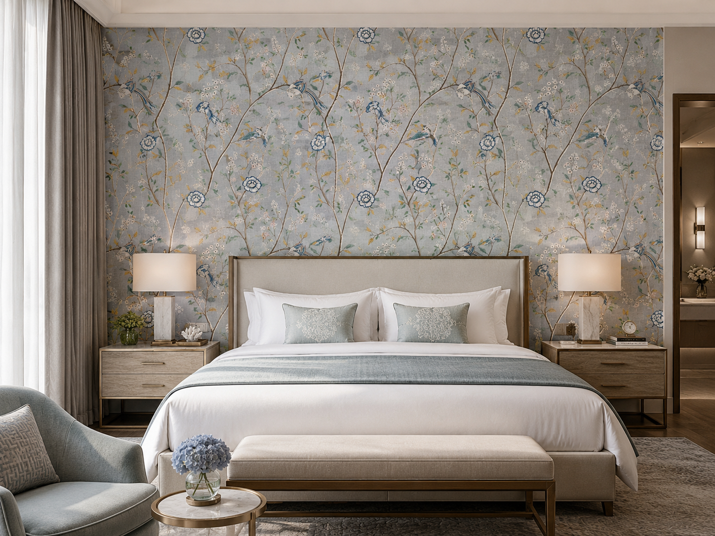 Delicate botanical wall covering with small birds.